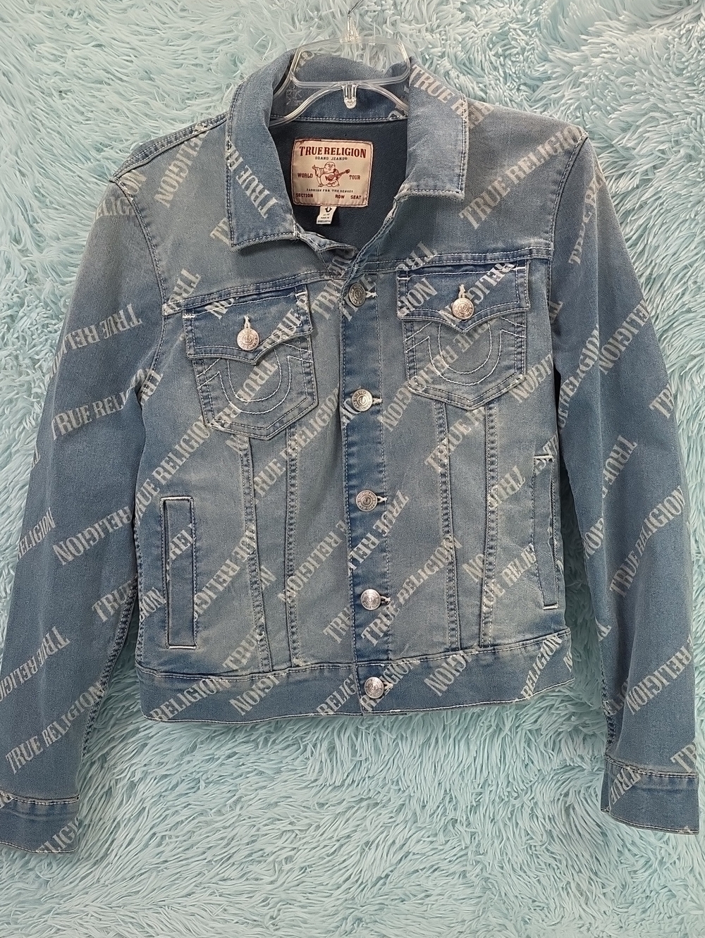 True Religion Allover Logo Print Denim Jean Jacket Blue/Grey‎ Wash